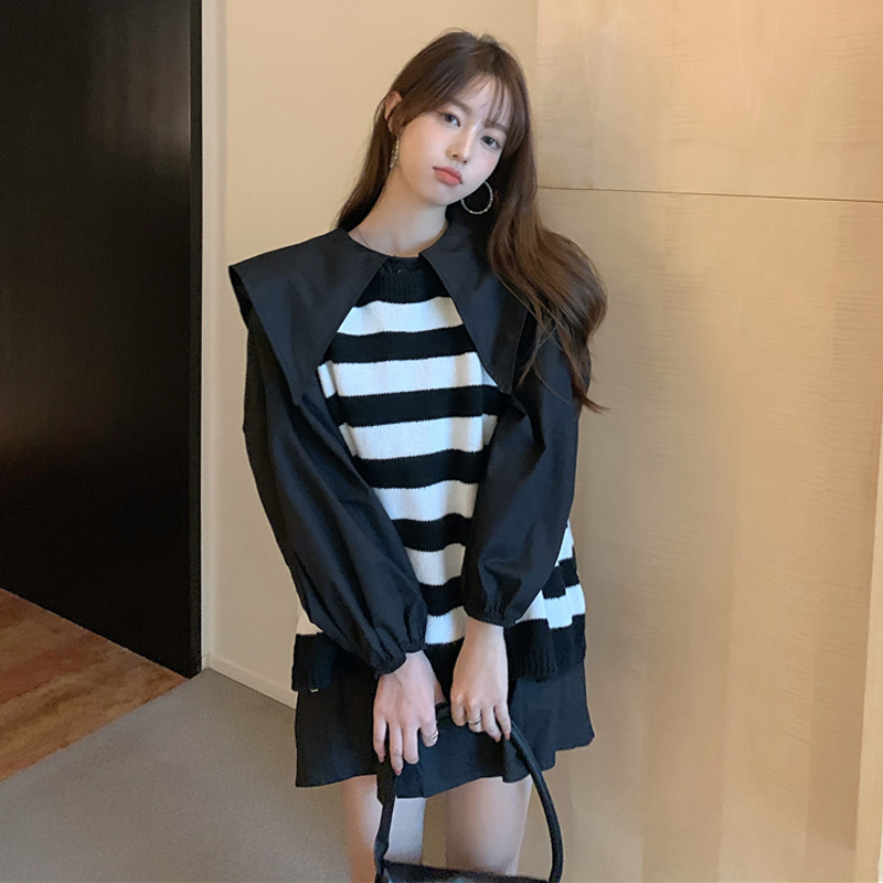 条纹撞色针织衫秋季款复古法式外搭宽松套头背心马甲女ins