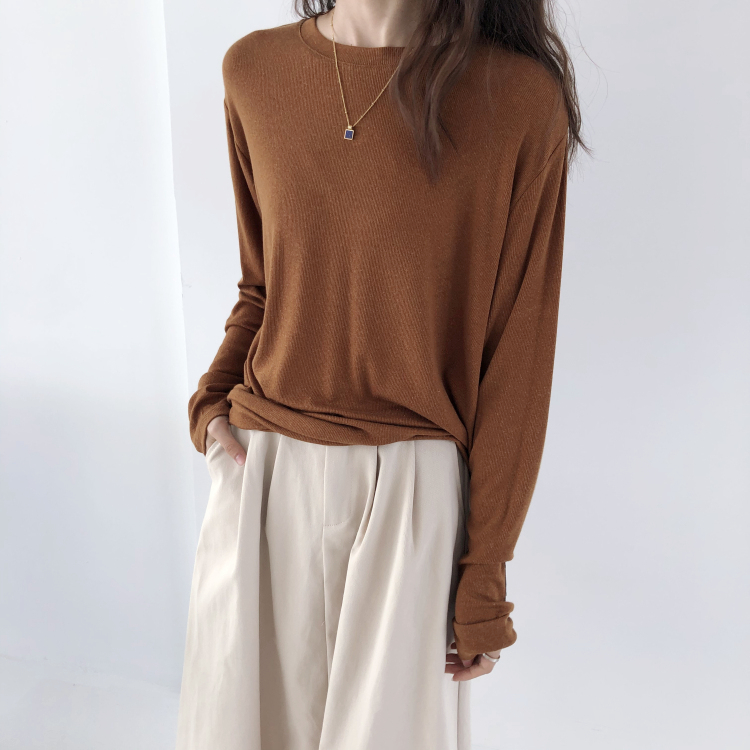 宽松休闲天丝羊毛螺纹圆领长袖打底T恤