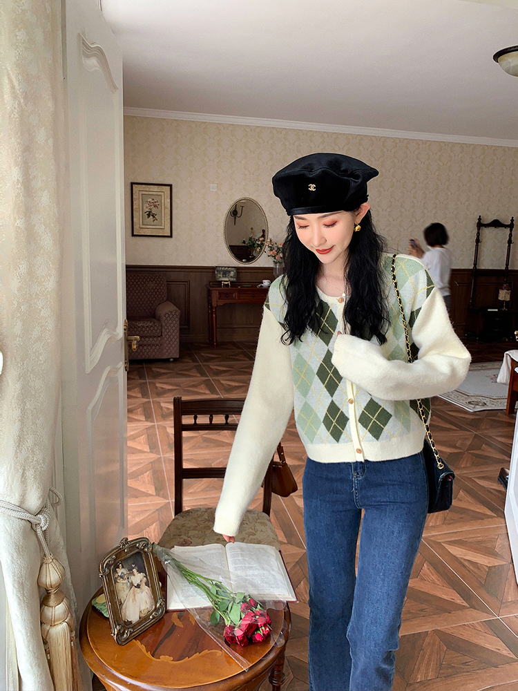 复古格菱纹柔软宽松开衫毛衣外套女秋季慵懒风