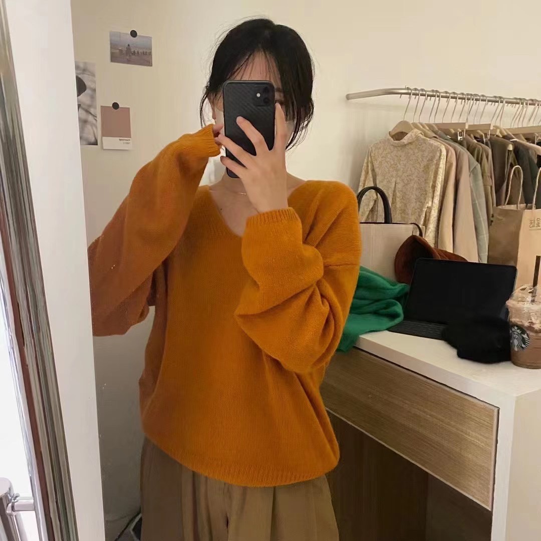 秋季新款时尚百搭V领100%羊毛纯色毛衣女内搭打底羊毛衫