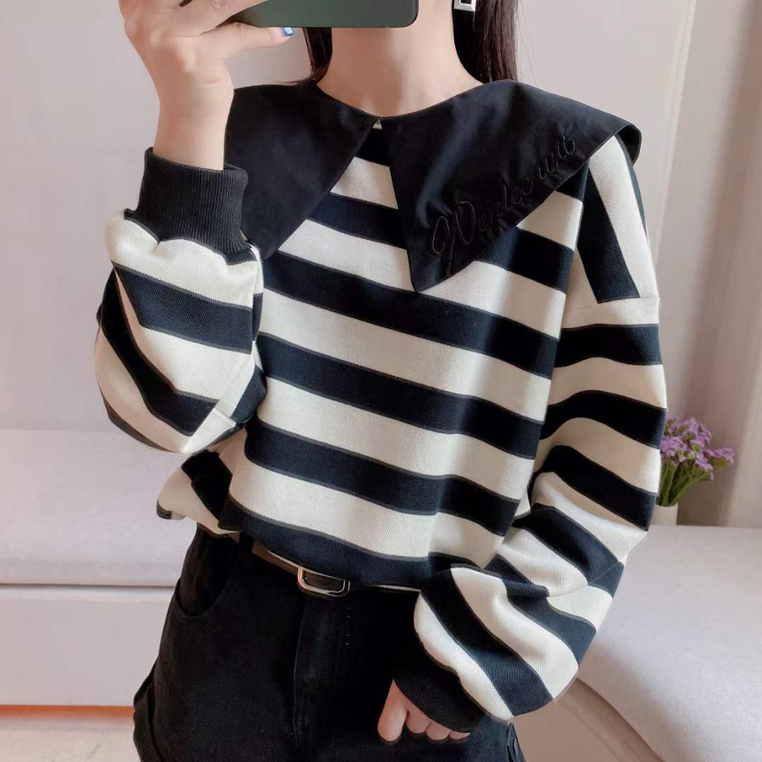 秋季新款韩版宽松字母刺绣娃娃领拼接条纹卫衣减龄百搭上衣女