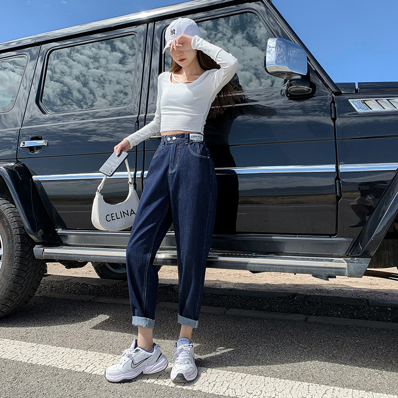 秋季新款高腰显瘦双扣萝卜老爹裤深蓝色香蕉裤