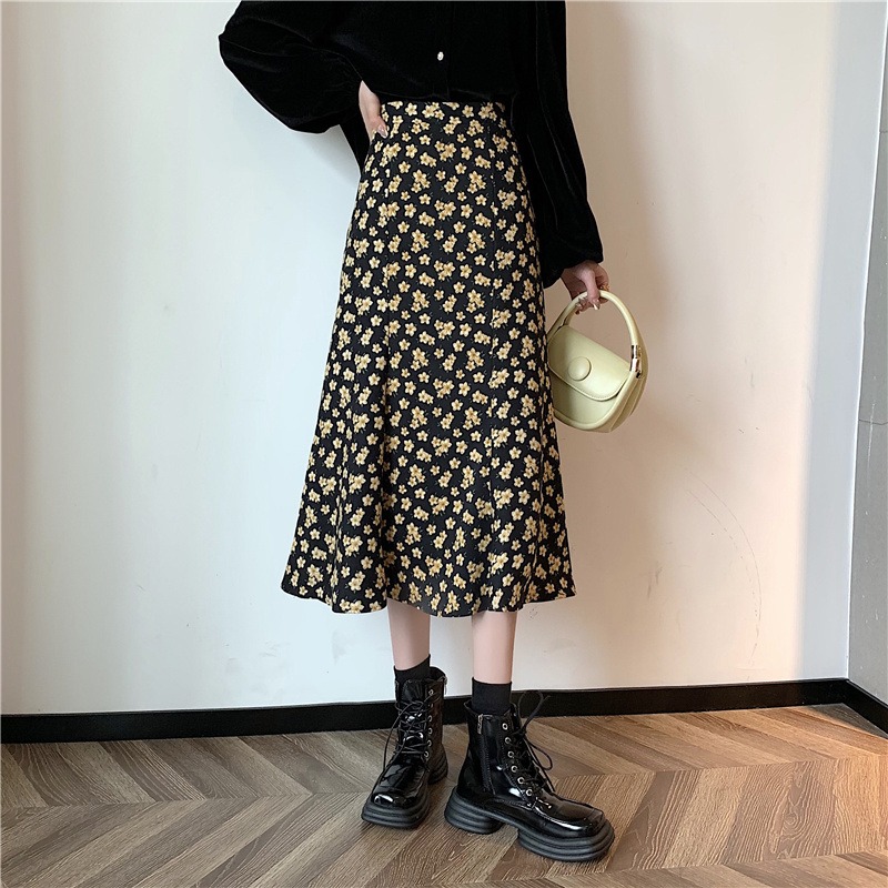 韩系碎花裙子chic过膝中长裙高腰百搭显瘦a字半身裙女