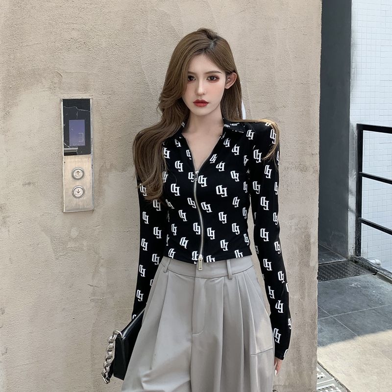 港风新款字母印花双向拉链针织开衫修身黑色短款外套上衣女士秋季