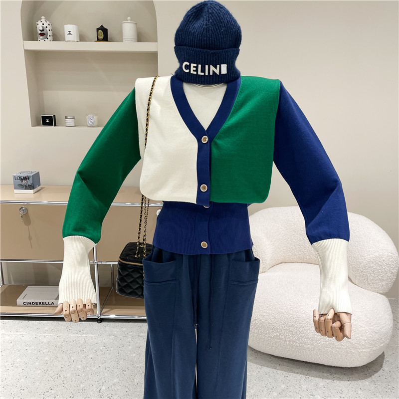 设计感单排扣开衫外套秋季新款复古拼色腰封V领长袖针织衫女