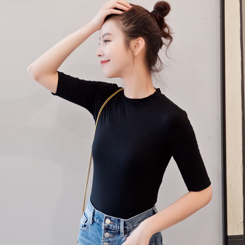 莫代尔半高领七分袖T恤女打底衣修身体恤白色春装新款中袖上衣