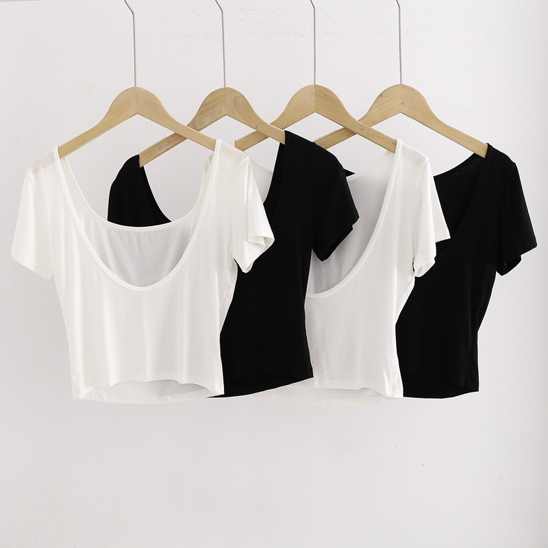 新款大U领短袖高腰短款半袖上衣漏肚脐装夏