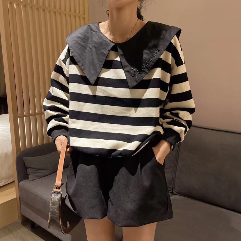秋新娃娃领条纹宽松时尚显瘦长袖上衣