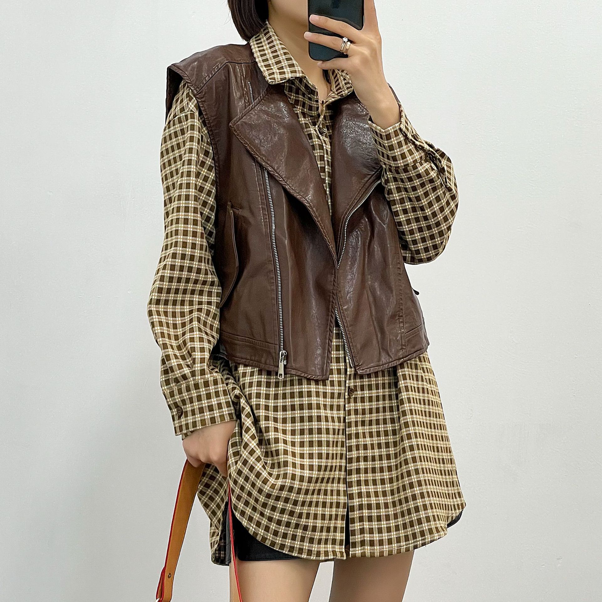 新款套装皮马甲拉链格纹衬衫裙两件套早秋长袖杭州女装