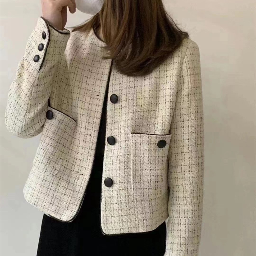 秋季新款设计感小众格子百搭纽扣上衣开衫