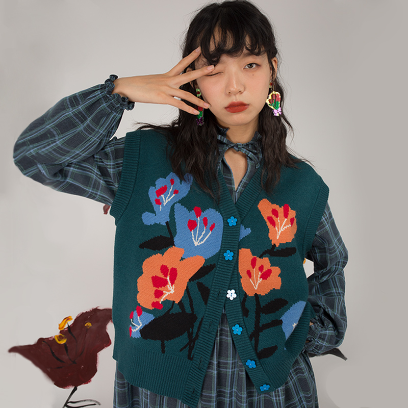 日系复古少女百合花图案V领宽松针织毛衣马甲开衫背心