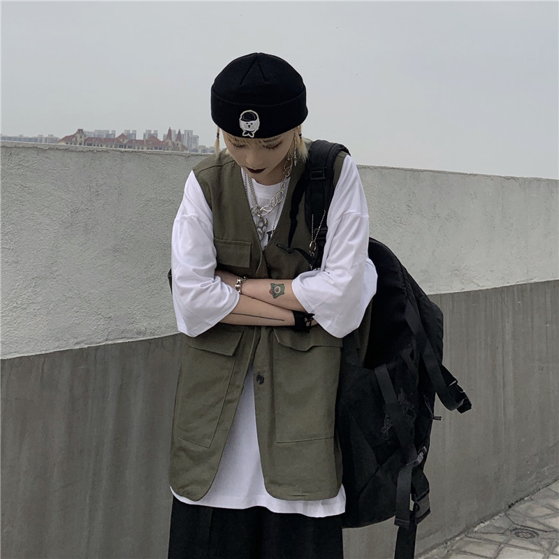 马夹外套女春秋复古日系ins原宿风情侣装开衫工装无袖马甲外搭潮