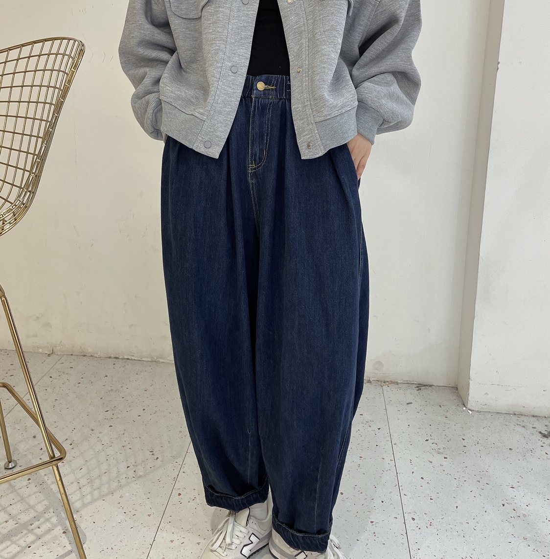 松紧腰休闲复古长裤深蓝色新款秋季洋气宽松牛仔灯笼裤女