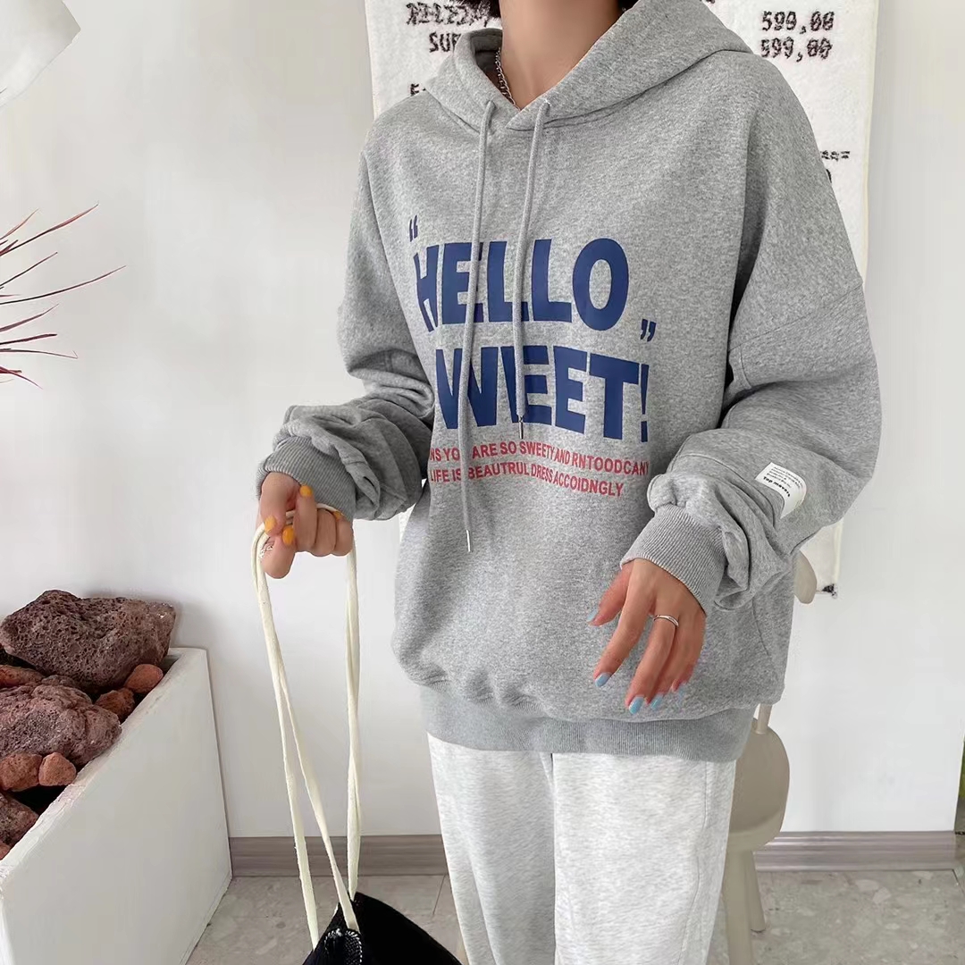 女灰色连帽卫衣潮款春秋季薄款时尚韩货印花字母宽松休闲帽衫