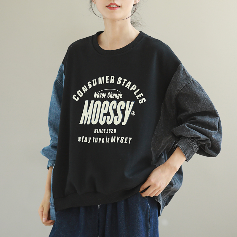 文艺时尚休闲上衣秋装新款圆领牛仔拼接字母印花百搭长袖卫衣