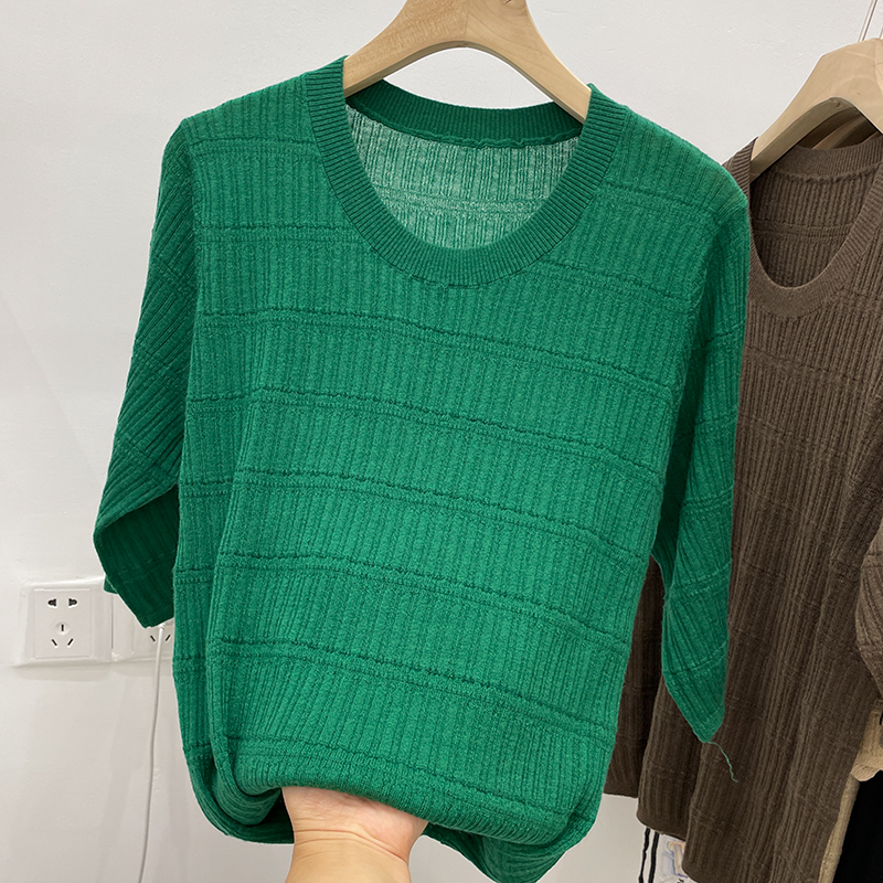 基础款圆领百搭短袖T恤女宽松柔软细羊毛针织打底衫显瘦坑条上衣