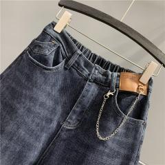 秋季新款链条装饰萝卜牛仔裤女后松紧高腰显瘦哈伦裤垮裤