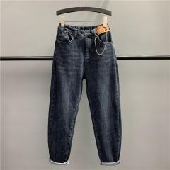 秋季新款链条装饰萝卜牛仔裤女后松紧高腰显瘦哈伦裤垮裤