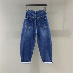 秋季新款磨破牛仔老爹裤女宽松显瘦垮裤百搭哈伦长裤潮