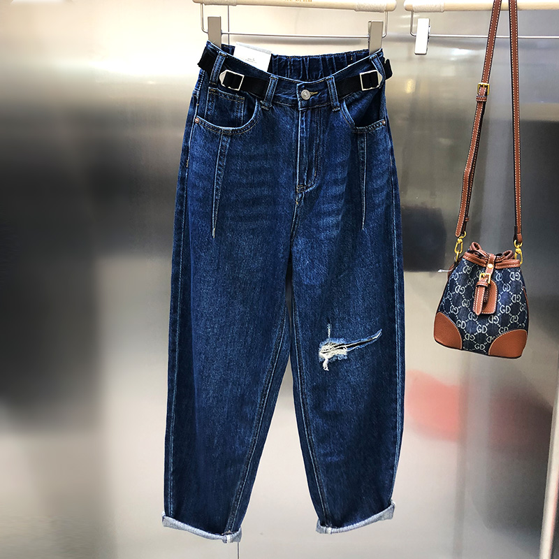 秋冬新款贴布高腰深蓝色牛仔老爹裤女宽松显瘦哈伦裤长裤