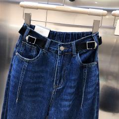 秋冬新款贴布高腰深蓝色牛仔老爹裤女宽松显瘦哈伦裤长裤