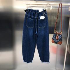 秋冬新款贴布高腰深蓝色牛仔老爹裤女宽松显瘦哈伦裤长裤