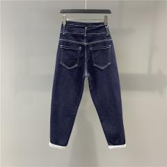 深蓝色牛仔萝卜裤女欧货秋季新款百搭弹力宽松小脚哈伦裤长裤