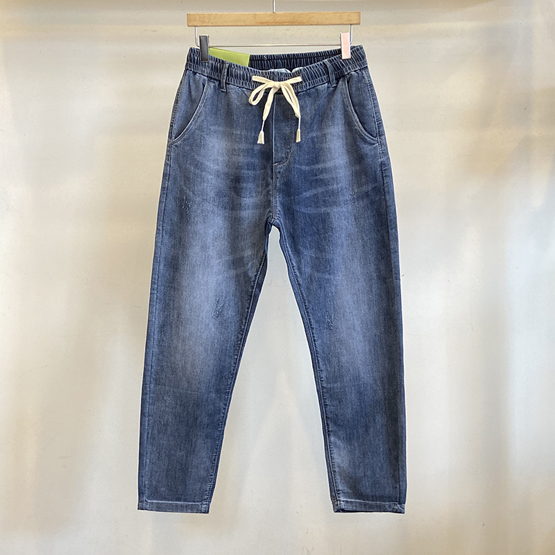 蓝色松紧腰抽绳弹力牛仔裤休闲潮流修身小脚九分裤男