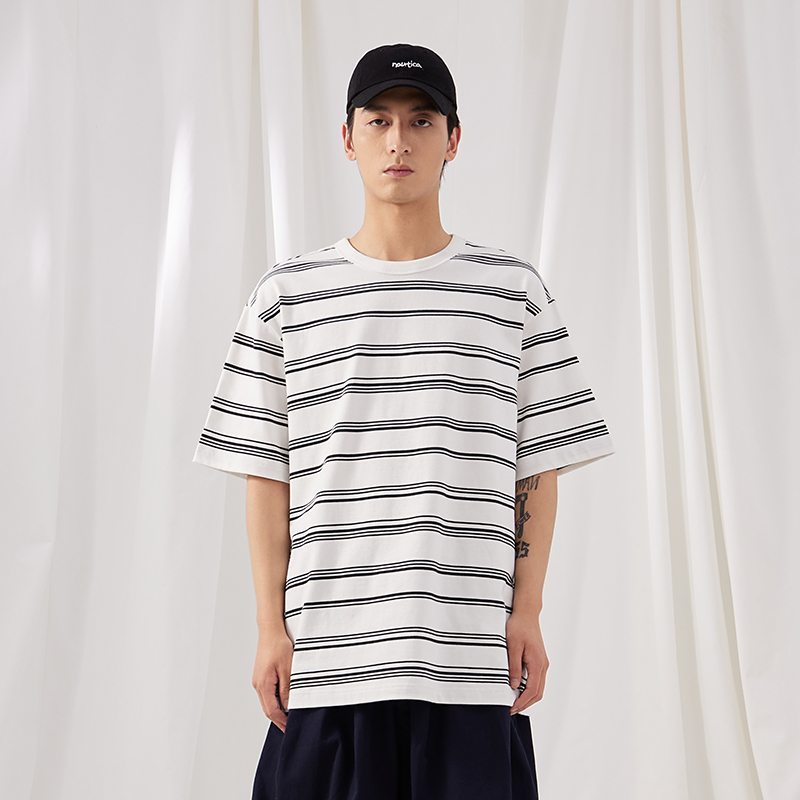 夏季日系条纹t恤男国潮纯棉半截袖