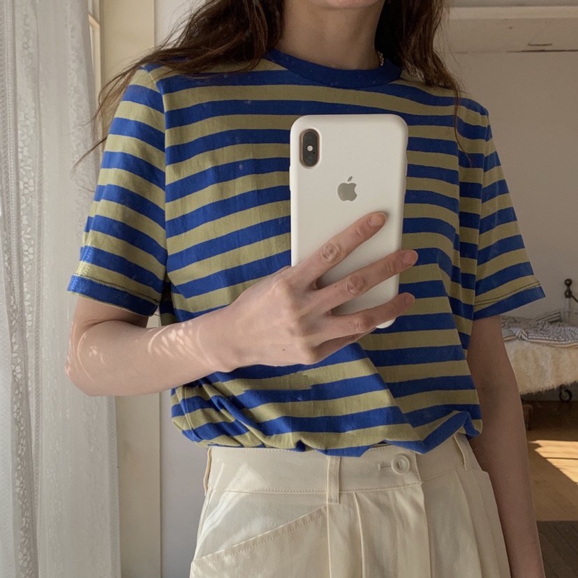 圆领条纹宽松撞色 短袖T恤