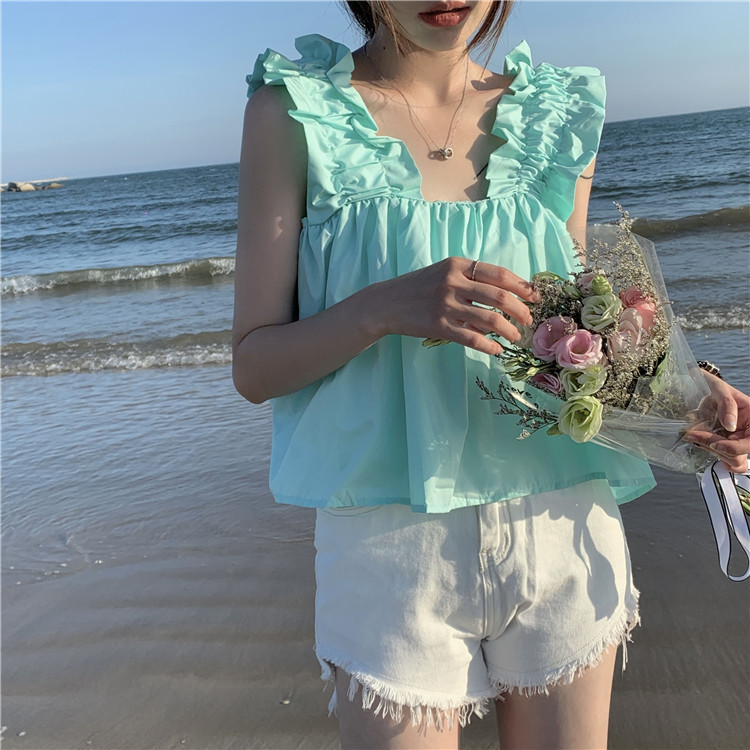 外穿短款女法式小众别致甜辣夏设计感冰激凌褶皱吊带背心上衣