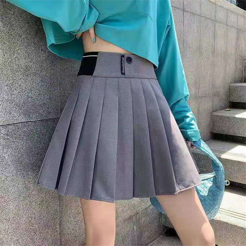 学院风腰间字母宽松紧显瘦a字百褶裙百搭时尚高腰包臀裙女士短裙