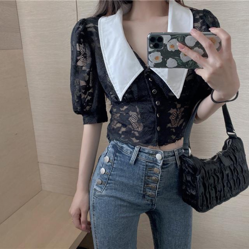 新款韩版蕾丝泡泡袖气质短款小开衫上衣女衬衣潮衬衫