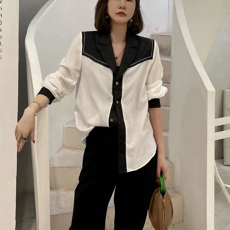 秋季新款o-fan洋气时尚拼接拼色西装领长袖衬衫女潮