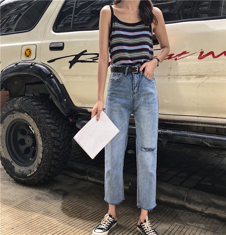 秋季新款泫雅老爹裤破洞牛仔九分裤高腰宽松直筒裤女ins潮