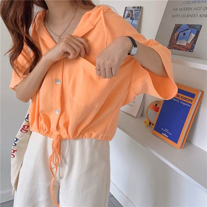 韩版宽松v领抽绳上衣纯棉短款T恤