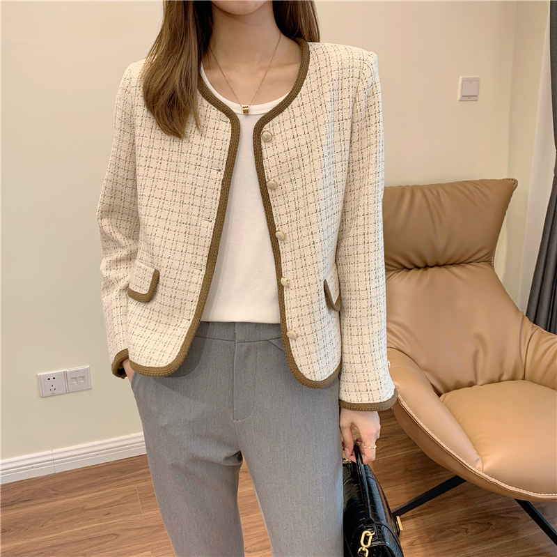 法式赫本风高级编织撞色包边粗花呢立体剪裁气质复古短款外套女秋