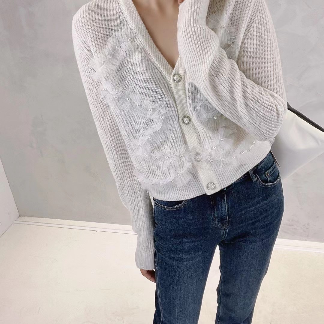 秋季新款重工蕾丝花朵珍珠单排扣羊绒针织开衫外套潮