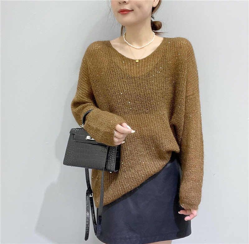 秋季新款欧货亮片马海毛毛衣女宽松长袖慵懒风针织上衣