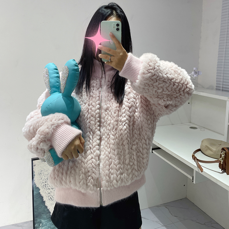 新款秋冬年轻时尚立拉链领兔毛大衣