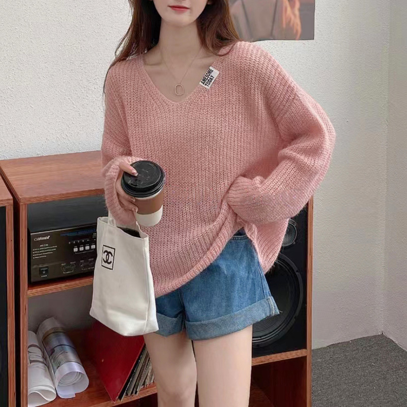 秋新款简约纯色v领毛针织衫女套头宽松显瘦下衣失踪时尚韩范上衣