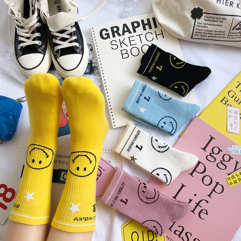 韩国笑脸袜子女ins潮彩色中筒袜可爱日系长筒街头女袜网红