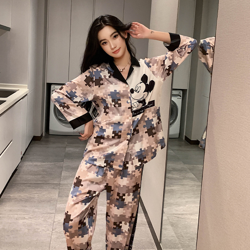 春秋款睡衣女冰丝长袖棋盘格格子女士月子卡通动漫丝绸秋冬季套装