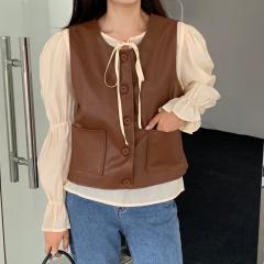 可盐可甜简约休闲韩版马甲PU皮口袋马夹外套灯笼袖系带衬衫两件套