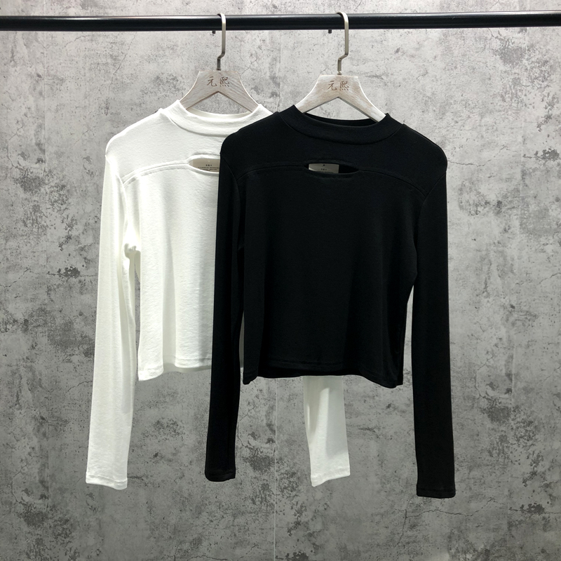 初秋网红百搭长袖短款T恤女修身纯色薄款小心机镂空内打底衫