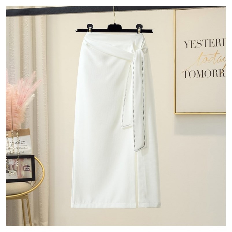 系带侧开叉半身裙女夏薄款高腰中长款气质包臀裙白色雪纺垂感裙子