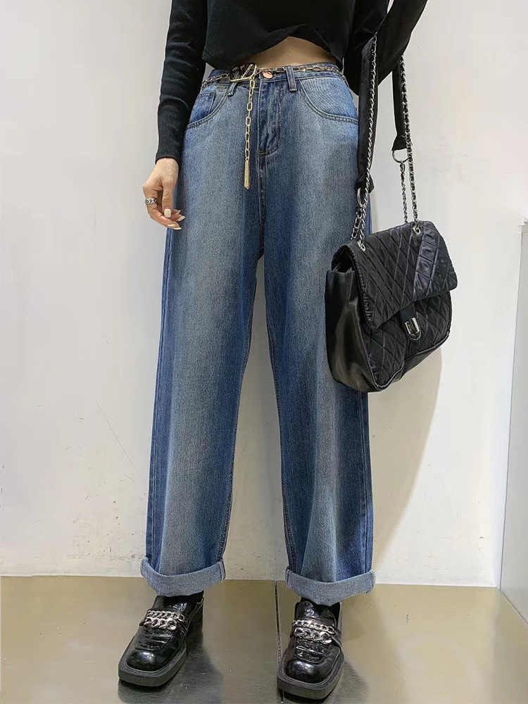 新款欧货女装阔腿牛仔裤高腰直筒宽松显瘦休闲裤子