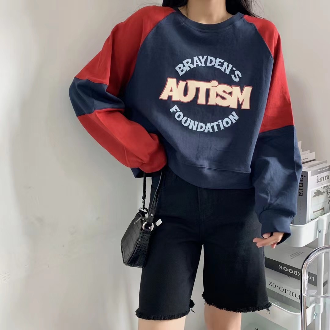 韩版拼色纯棉字母长袖卫衣女百搭秋季宽松短款上衣