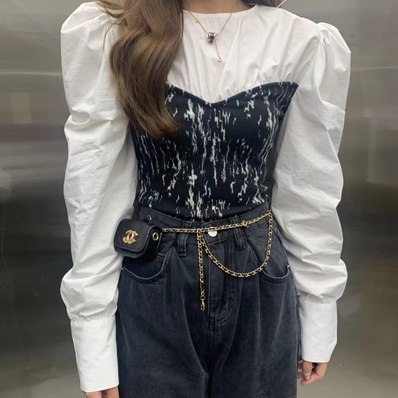 法式别致假两件泡泡袖衬衫女短款秋季新款衬衣气质收腰长袖上衣