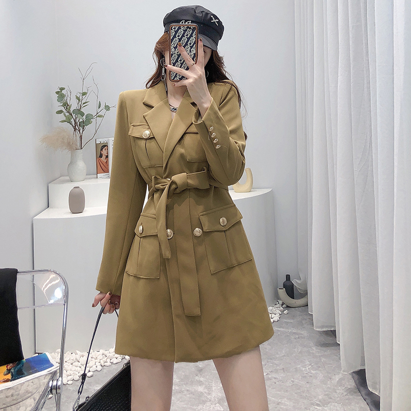 韩版chic时尚纯色双排扣腰带修身显瘦外套式连衣裙女秋西装领短裙